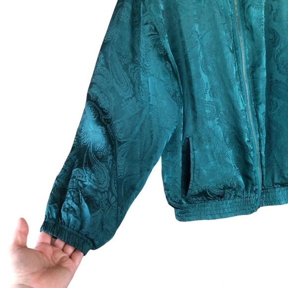 Vintage 90s 100% silk green paisley street wear bomber jacket Holiday & Winter - Picture 3 of 9
